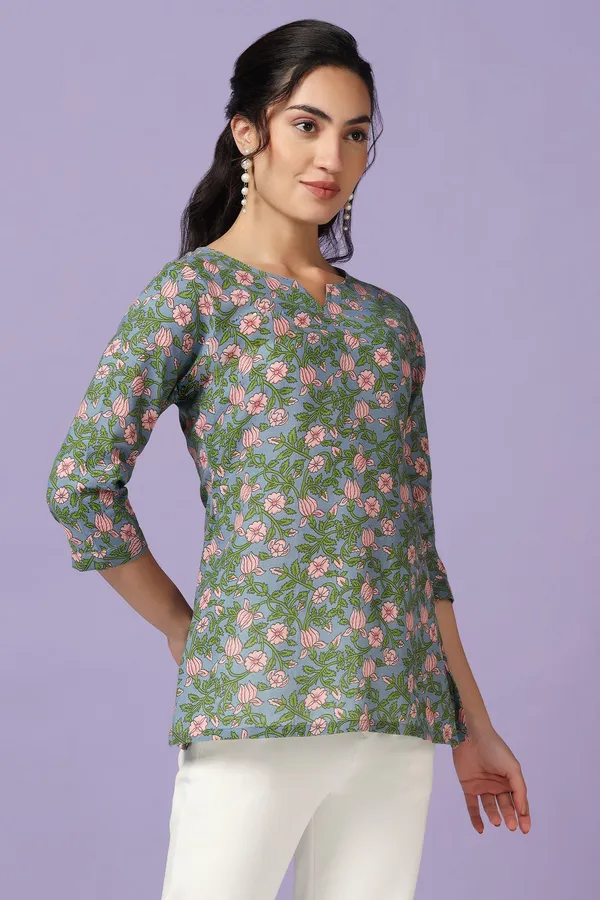Blue_Floral_Print_Tunic_Top_For_Women