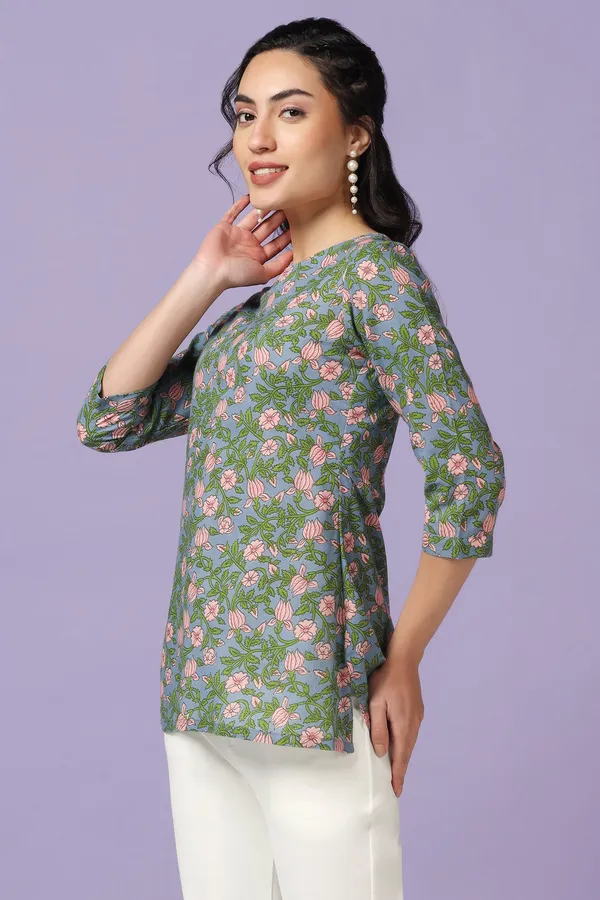 Blue_Floral_Print_Tunic_Top_For_Women