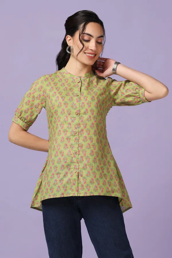 Green_Cotton_Floral_Print_Tunic_Top_For_Women