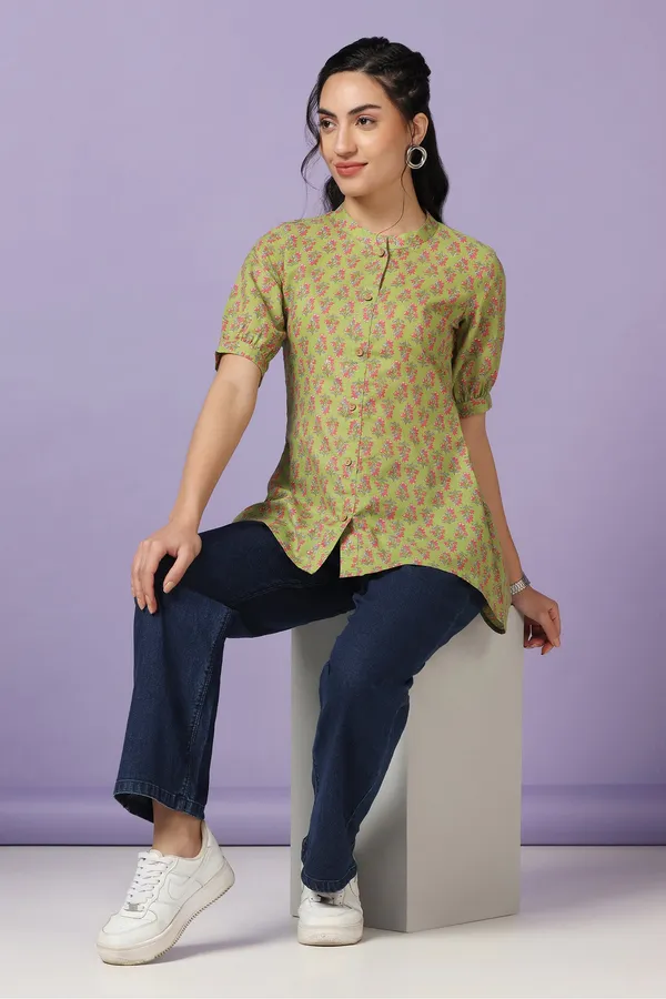 Green_Cotton_Floral_Print_Tunic_Top_For_Women