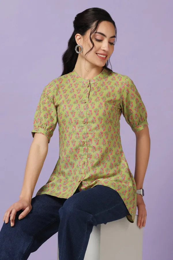 Green_Cotton_Floral_Print_Tunic_Top_For_Women