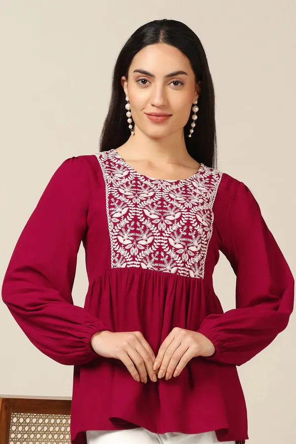 Maroon_Rayon_Embroidered_Tunic_Top_For_Women