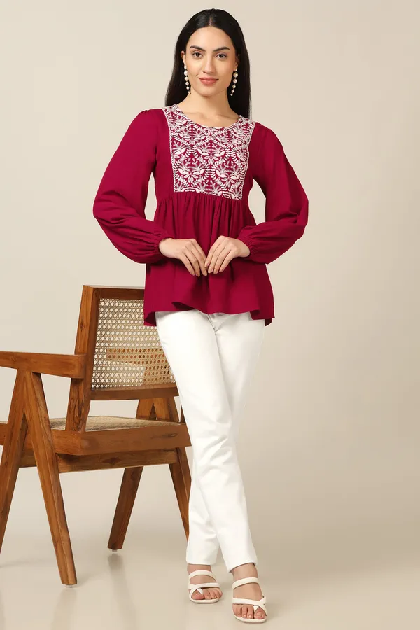 Maroon_Rayon_Embroidered_Tunic_Top_For_Women