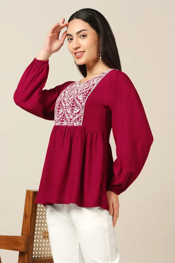 Maroon_Rayon_Embroidered_Tunic_Top_For_Women