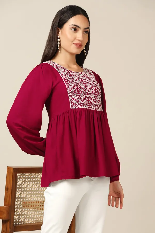 Maroon_Rayon_Embroidered_Tunic_Top_For_Women