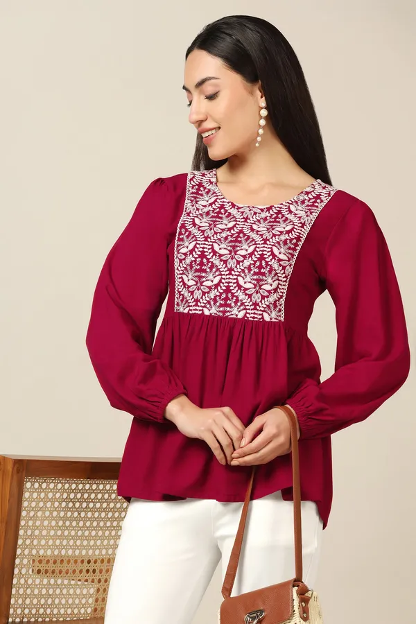 Maroon_Rayon_Embroidered_Tunic_Top_For_Women