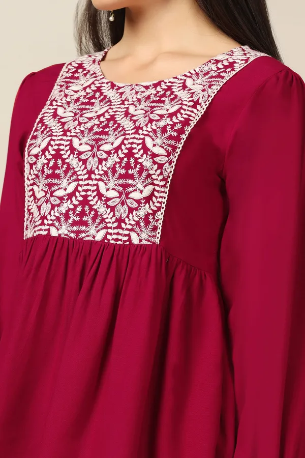 Maroon_Rayon_Embroidered_Tunic_Top_For_Women