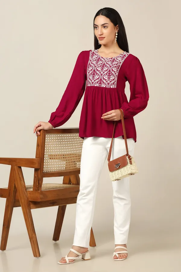 Maroon_Rayon_Embroidered_Tunic_Top_For_Women