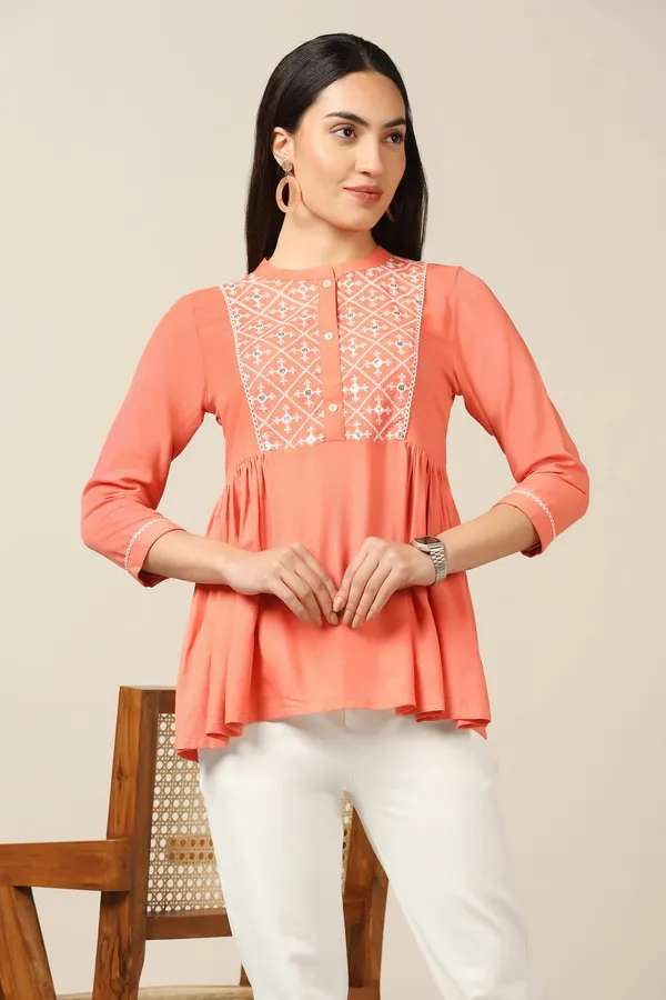 Peach_Rayon_Embroidered_Top_For_Women