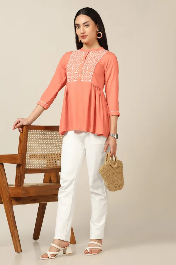 Peach_Rayon_Embroidered_Top_For_Women