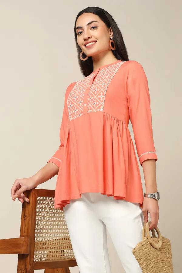 Peach_Rayon_Embroidered_Top_For_Women