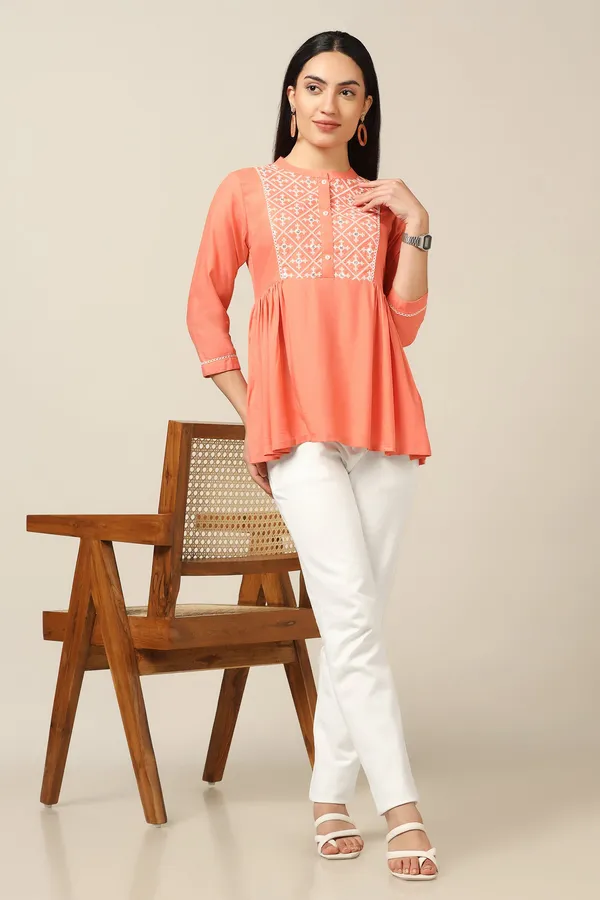 Peach_Rayon_Embroidered_Top_For_Women