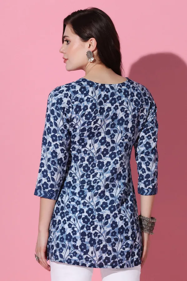 Blue_Cotton_Slub_Floral_Printed_Straight_Tunic_Top_For_Women