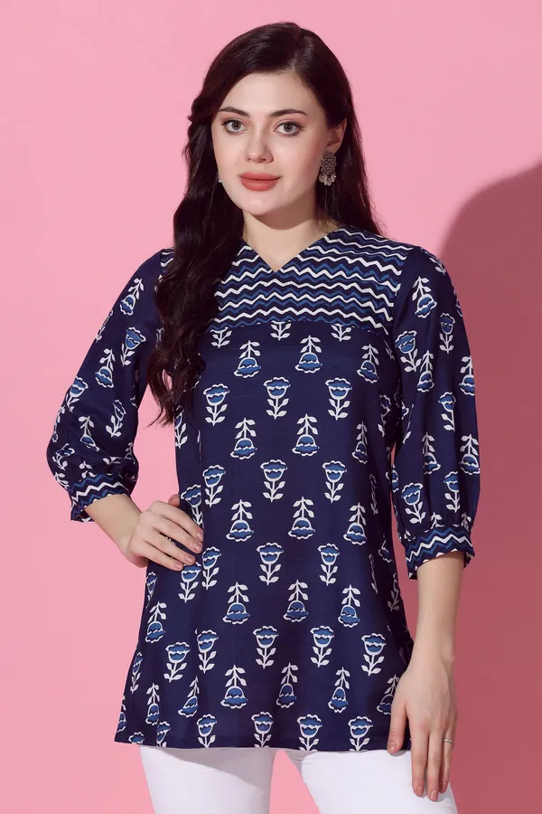 Navy_Blue_Cotton_Slub_Floral_Printed_Straight_Tunic_Top_For_Women