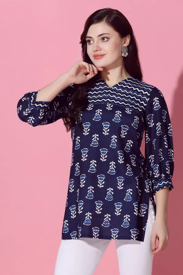 Navy_Blue_Cotton_Slub_Floral_Printed_Straight_Tunic_Top_For_Women