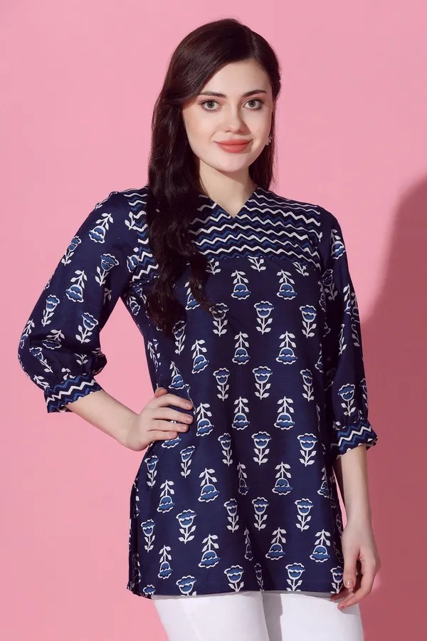 Navy_Blue_Cotton_Slub_Floral_Printed_Straight_Tunic_Top_For_Women