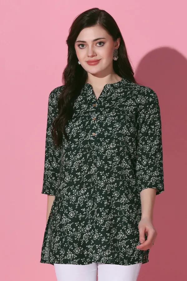 Bottle_Green_Cotton_Slub_Floral_Printed_Tunic_Top_For_Women