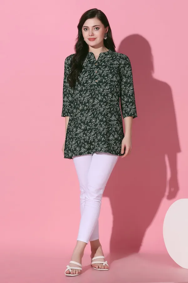 Bottle_Green_Cotton_Slub_Floral_Printed_Tunic_Top_For_Women