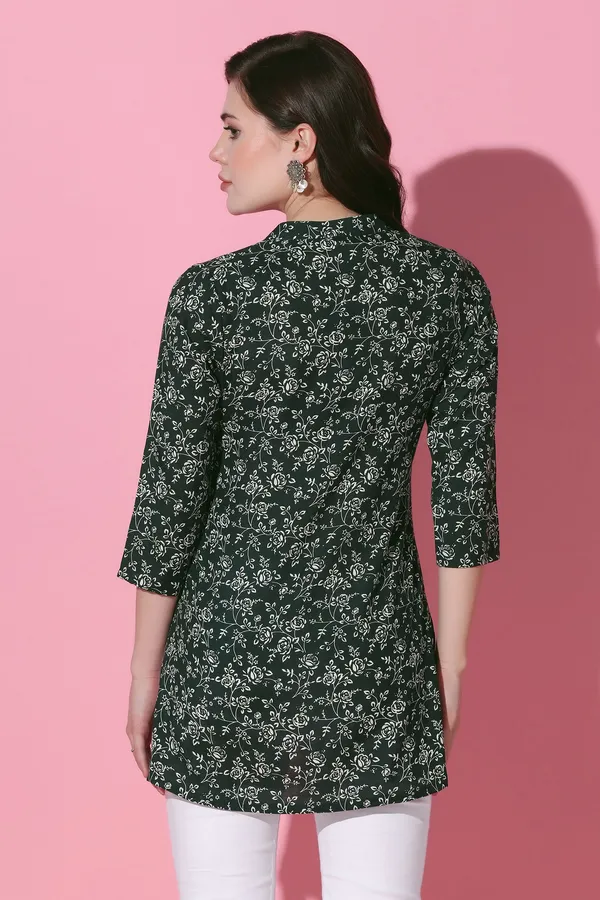 Bottle_Green_Cotton_Slub_Floral_Printed_Tunic_Top_For_Women
