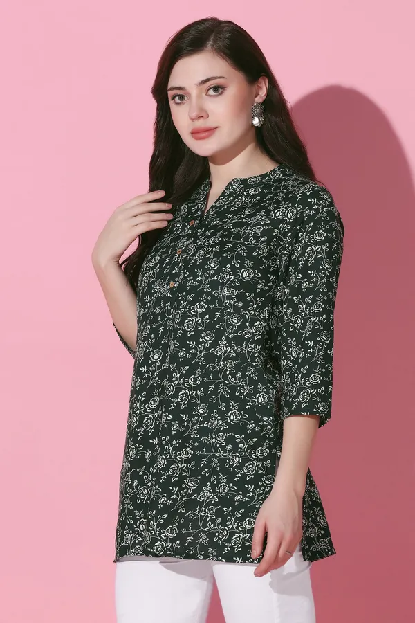 Bottle_Green_Cotton_Slub_Floral_Printed_Tunic_Top_For_Women