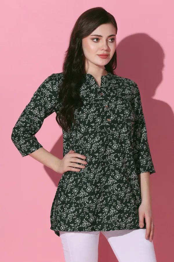 Bottle_Green_Cotton_Slub_Floral_Printed_Tunic_Top_For_Women