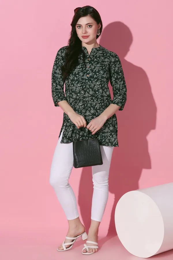 Bottle_Green_Cotton_Slub_Floral_Printed_Tunic_Top_For_Women
