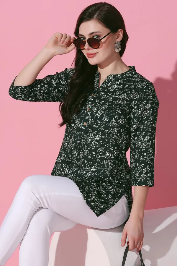 Bottle_Green_Cotton_Slub_Floral_Printed_Tunic_Top_For_Women