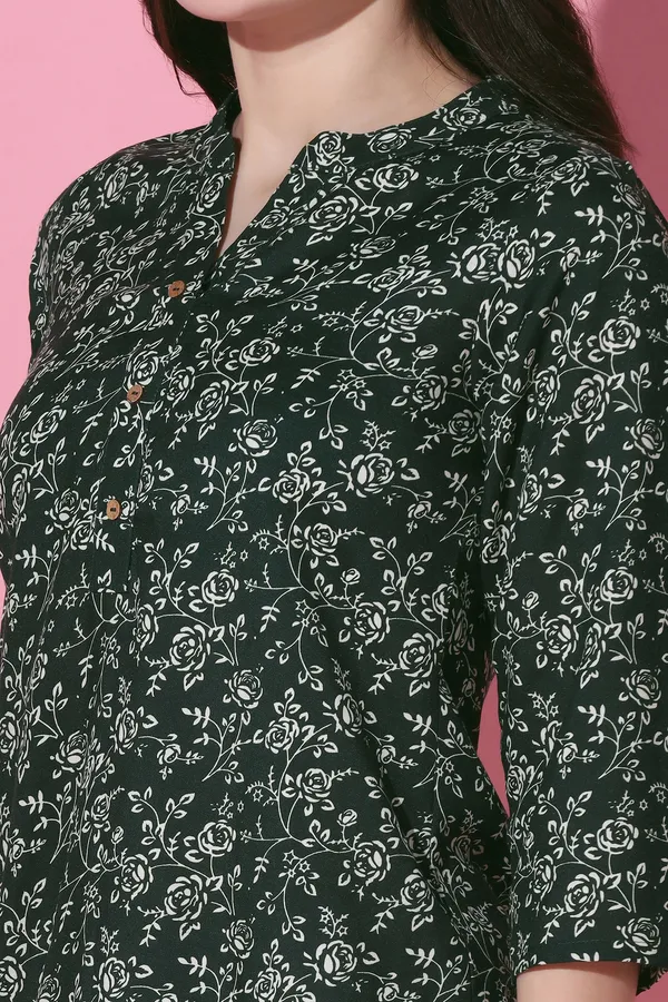 Bottle_Green_Cotton_Slub_Floral_Printed_Tunic_Top_For_Women