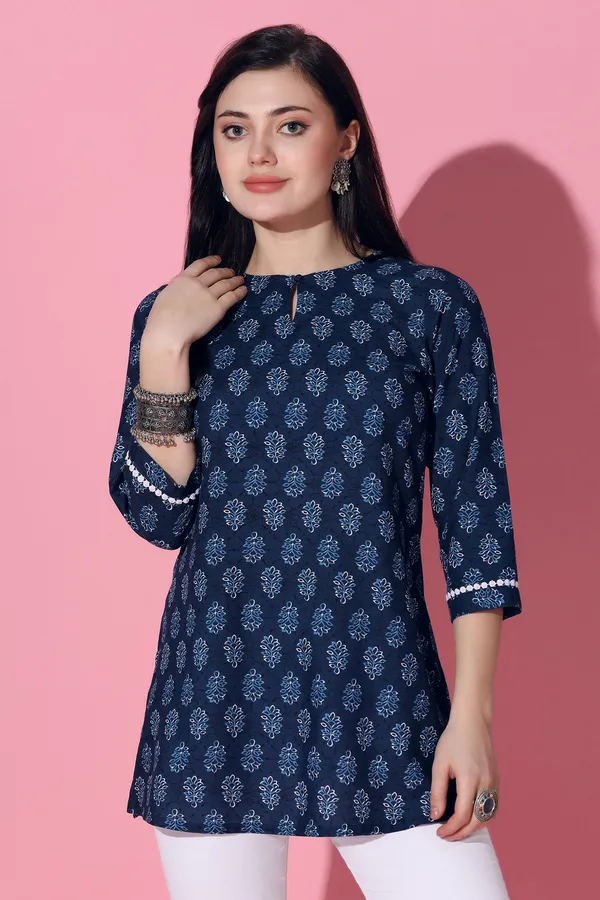 Navy_Blue_Cotton_Slub_Floral_Printed_Straight_Tunic_Top_For_Women