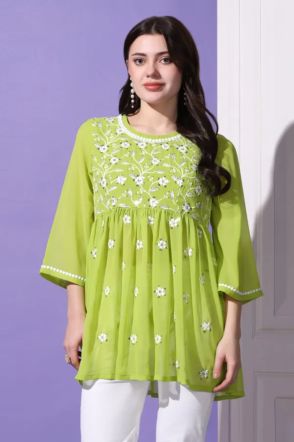 Parrot_Green_Embroidered_Georgette_Casual_Tunic_Top_For_Women