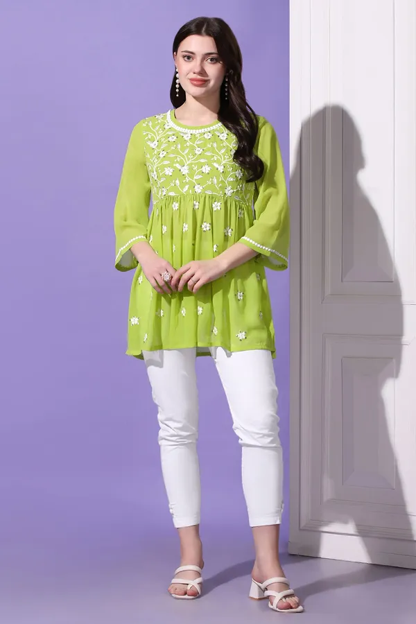 Parrot_Green_Embroidered_Georgette_Casual_Tunic_Top_For_Women
