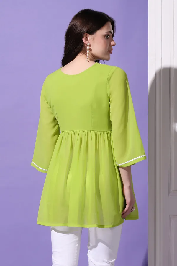 Parrot_Green_Embroidered_Georgette_Casual_Tunic_Top_For_Women