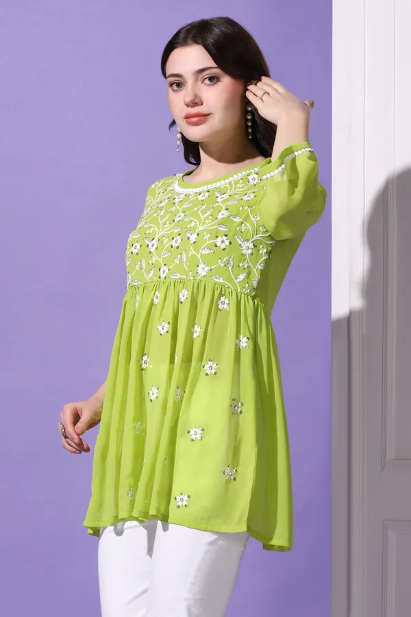 Parrot_Green_Embroidered_Georgette_Casual_Tunic_Top_For_Women