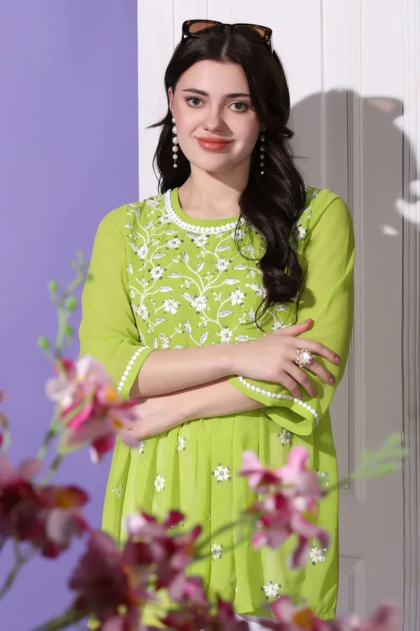 Parrot_Green_Embroidered_Georgette_Casual_Tunic_Top_For_Women