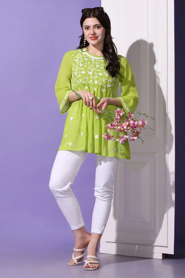 Parrot_Green_Embroidered_Georgette_Casual_Tunic_Top_For_Women