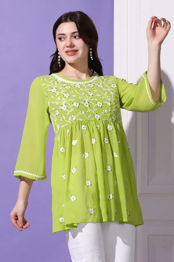 Parrot_Green_Embroidered_Georgette_Casual_Tunic_Top_For_Women
