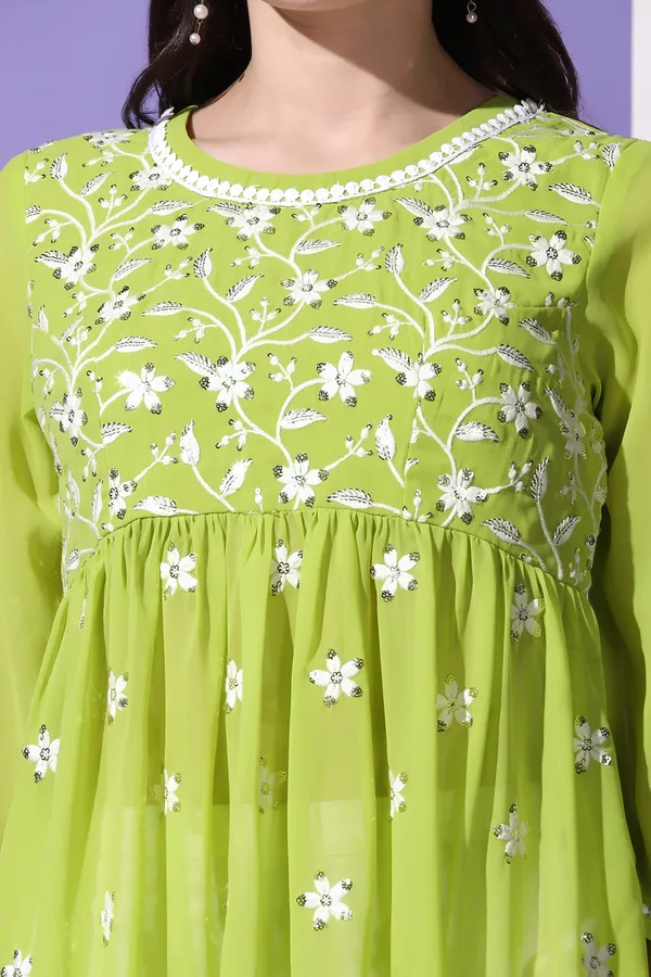 Parrot_Green_Embroidered_Georgette_Casual_Tunic_Top_For_Women