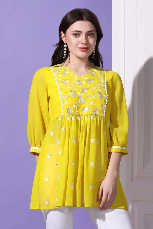 Lemon_Yellow_Embroidered_Georgette_Casual_Tunic_Top_For_Women
