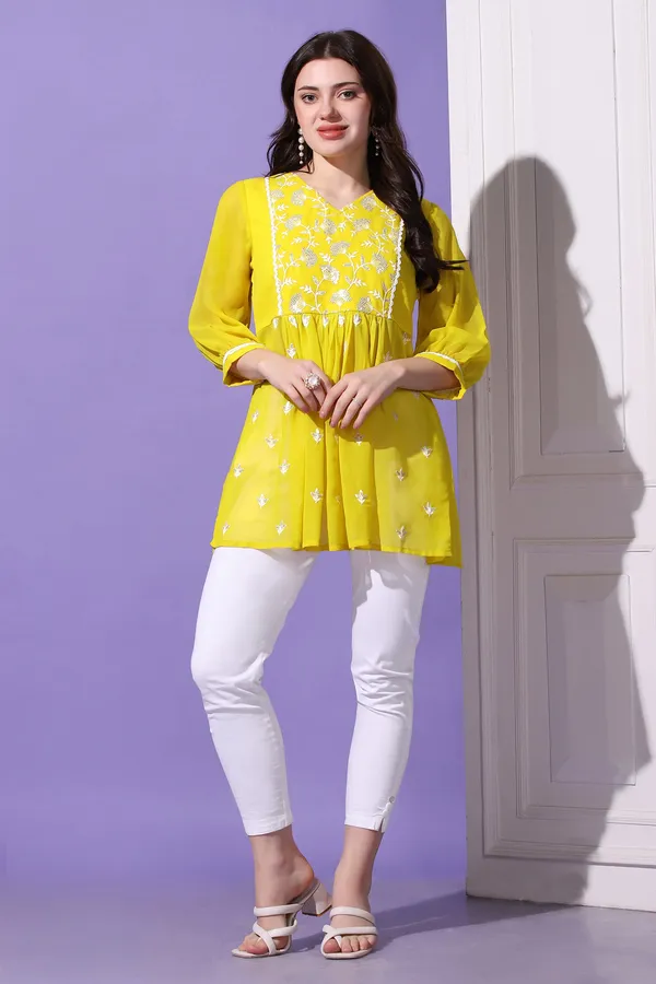 Lemon_Yellow_Embroidered_Georgette_Casual_Tunic_Top_For_Women