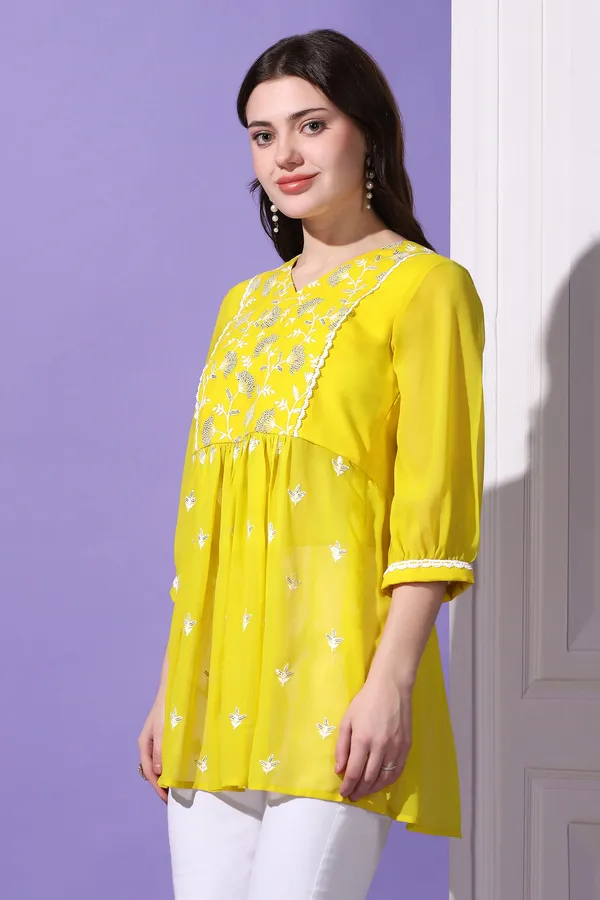 Lemon_Yellow_Embroidered_Georgette_Casual_Tunic_Top_For_Women
