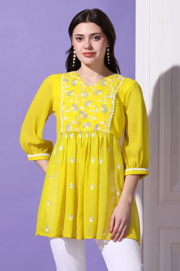 Lemon_Yellow_Embroidered_Georgette_Casual_Tunic_Top_For_Women