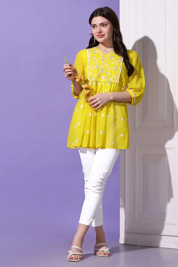 Lemon_Yellow_Embroidered_Georgette_Casual_Tunic_Top_For_Women