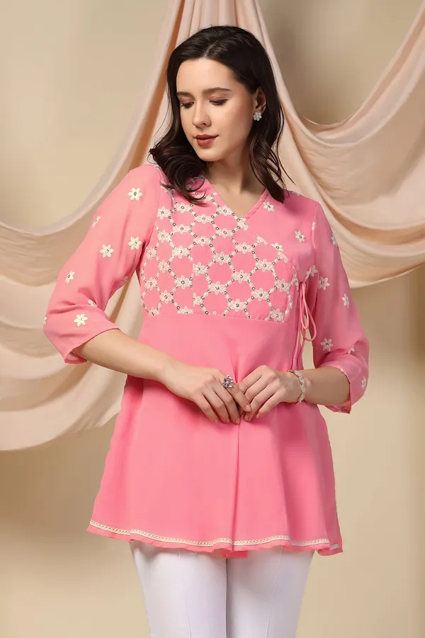Peach_Embroidered_Georgette_Casual_Tunic_Top_For_Women