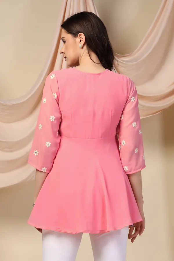 Peach_Embroidered_Georgette_Casual_Tunic_Top_For_Women