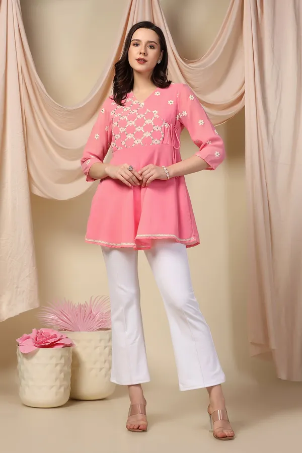Peach_Embroidered_Georgette_Casual_Tunic_Top_For_Women