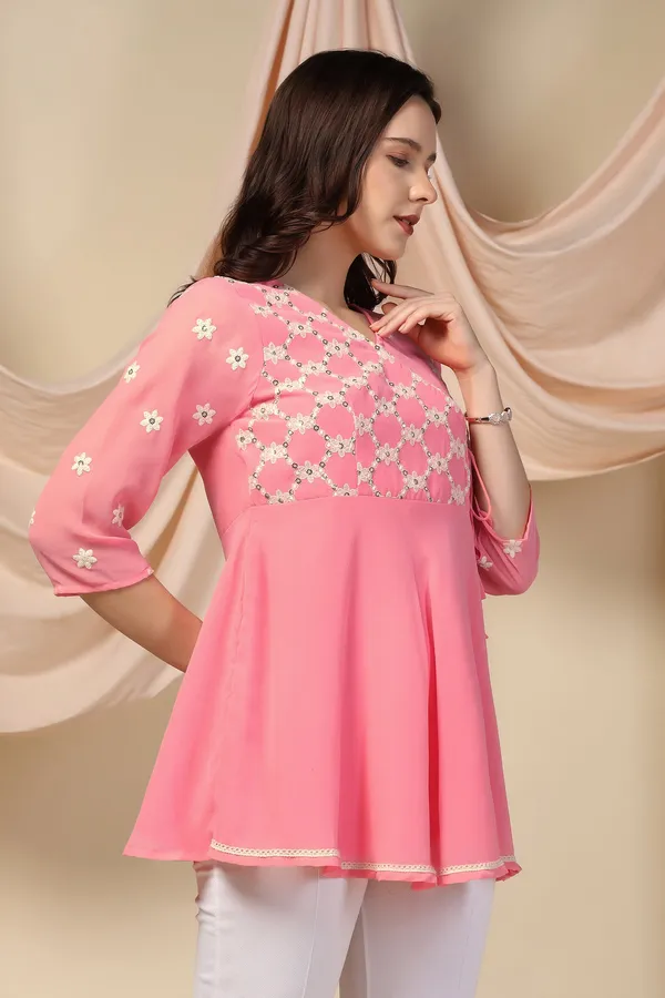Peach_Embroidered_Georgette_Casual_Tunic_Top_For_Women