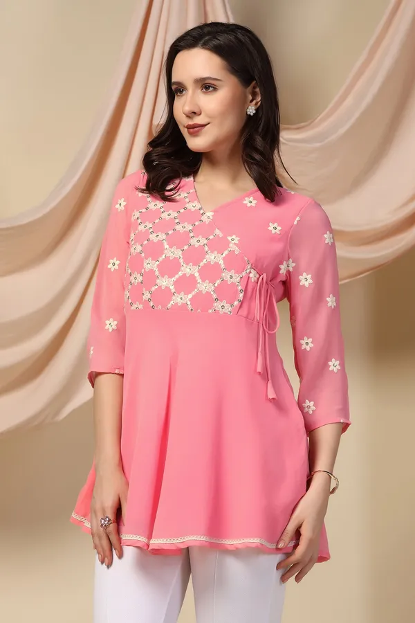 Peach_Embroidered_Georgette_Casual_Tunic_Top_For_Women