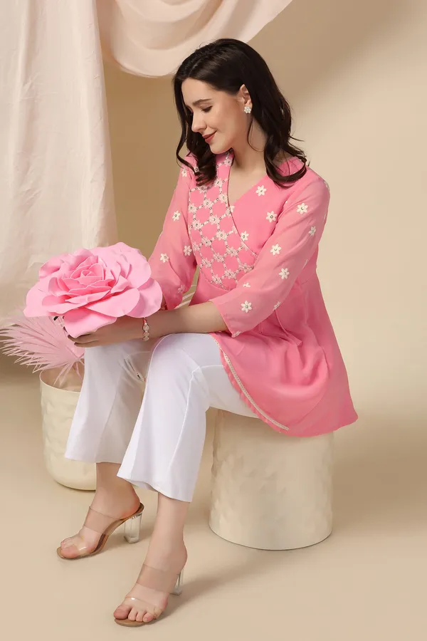 Peach_Embroidered_Georgette_Casual_Tunic_Top_For_Women