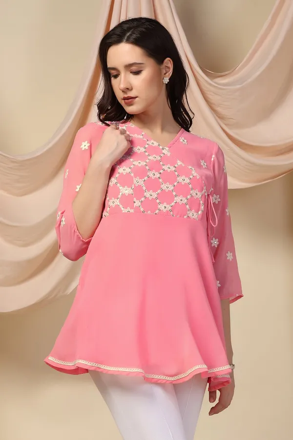 Peach_Embroidered_Georgette_Casual_Tunic_Top_For_Women