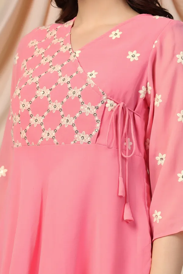 Peach_Embroidered_Georgette_Casual_Tunic_Top_For_Women